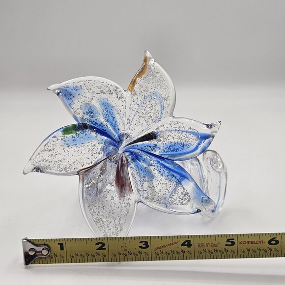 Murano Italy Hand Blown Glass Flower Sculpture Silver Blue Swirl Stem Art 4.75" - Picture 11 of 12